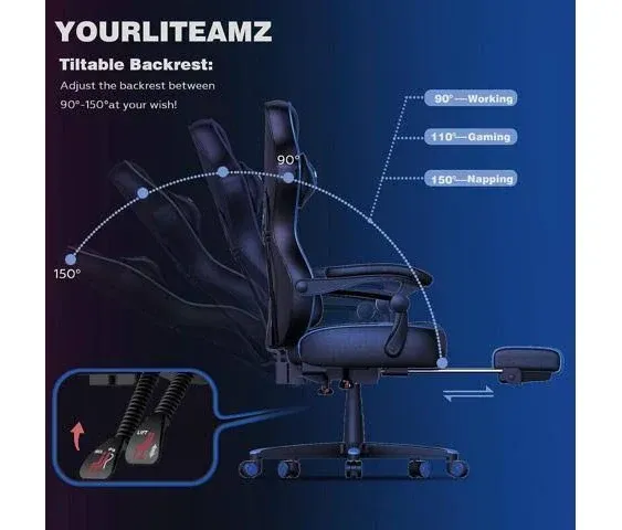 ARTETHYS Gaming Chair for Adults Ergonomic Racing Style High Back Computer Chair with Footrest Headrest and Lumbar Support PU Leather 90-150 Degree Ti