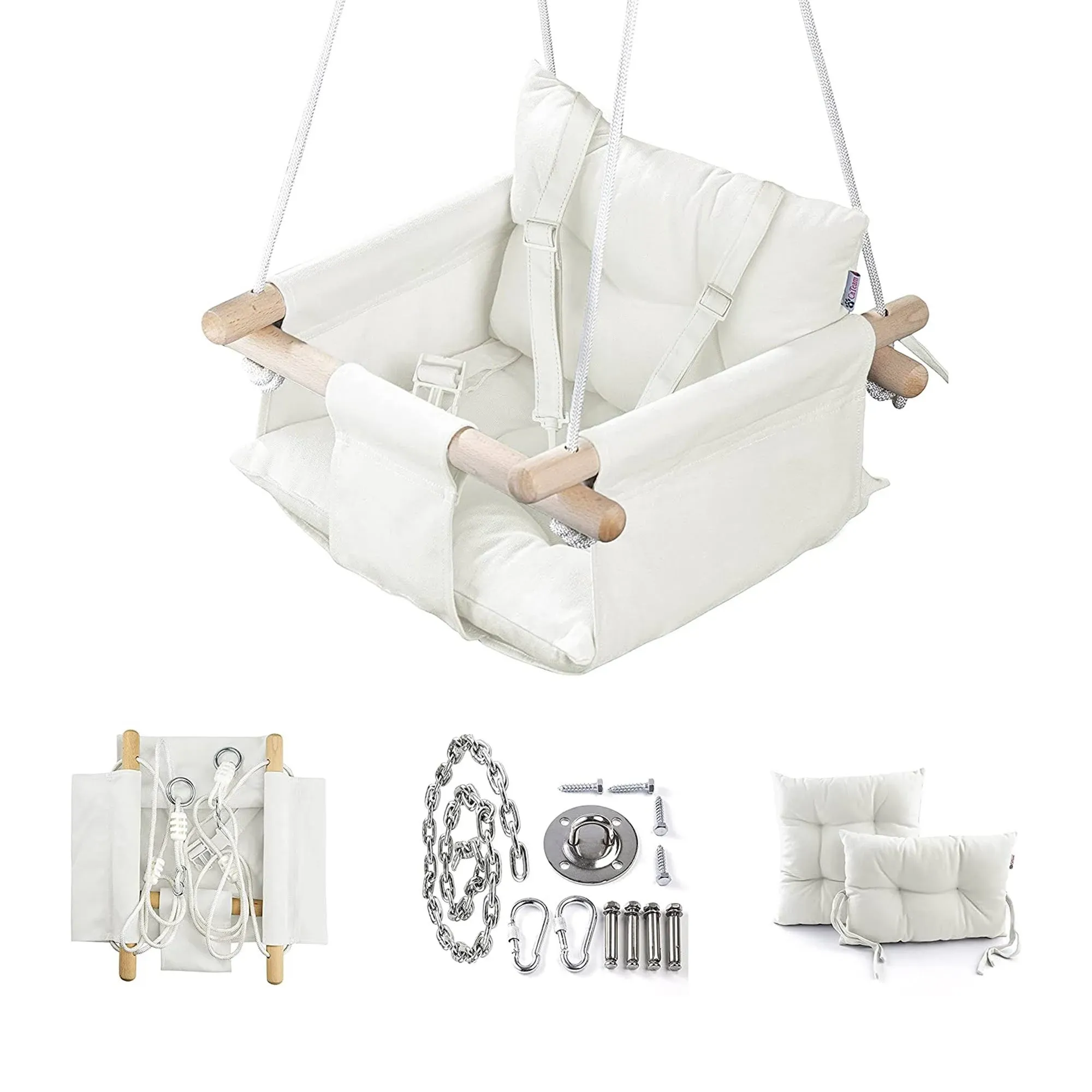 CaTeam Canvas Baby Wooden Hanging Swing Hammock Chair with Safety Belt, Gray