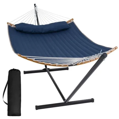 SUNCREAT Polyester Outdoor Hammock with Curved Spreader Bar & Stand 450 lbs Capacity Dark Blue