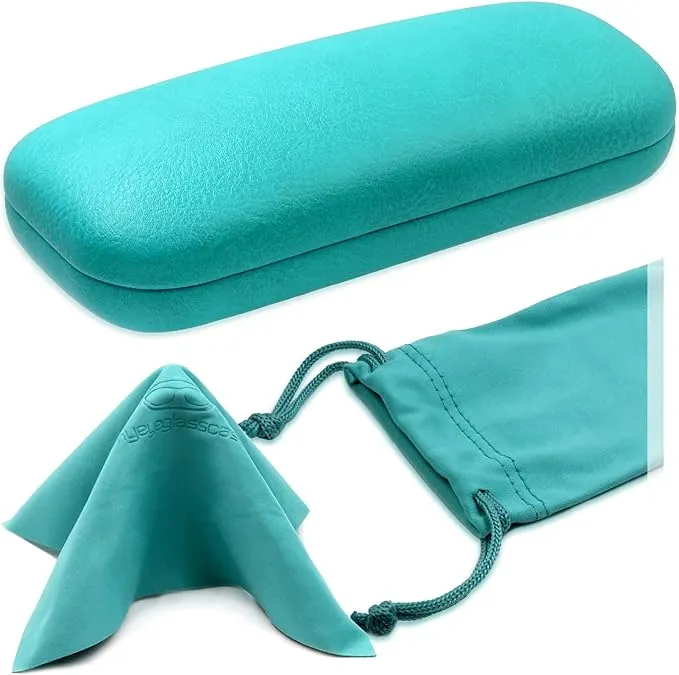 Hard eyeglass case for Medium size Frame -  Clam shell Glasses Case w/Pouch & Cleaning Cloth  (AS126 Teal)