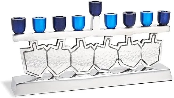 Dancing Dreidels Menorah with Multi-Blue Anodized Candle Cups - Fits Standard Hanukkah Candles - Exciting Driedels Designed Candle Minorah Perfect for Chanukah - Hannukah Decorations by Zion Judaica