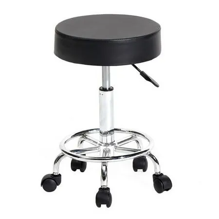 KKTONER Swivel Rolling Stool with Footrest Height Adjustable PU Leather Salon Vanity Spa Massage Office Stool Chair Small (Black)