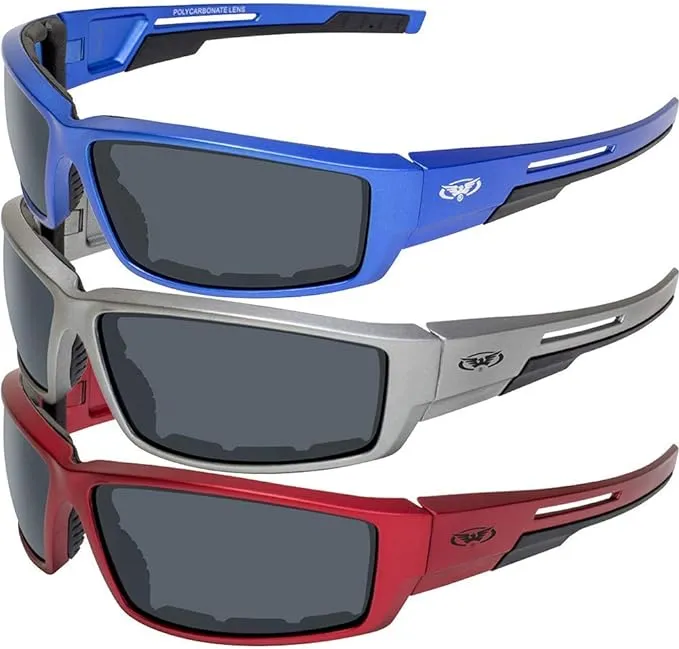 3 Sly Padded Riding Glasses Sunglasses Smoke Lenses Red Blue and Grey Frames