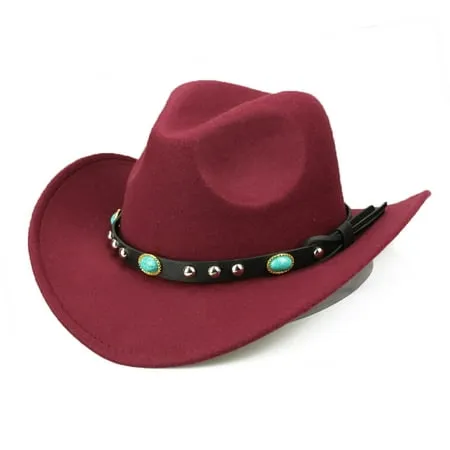 Sanwood Mens Hat Wine Red Fashion Rivet Roll Up Wide Brim Western Cowboy Cowgirl Hat Sombrero Jazz Cap