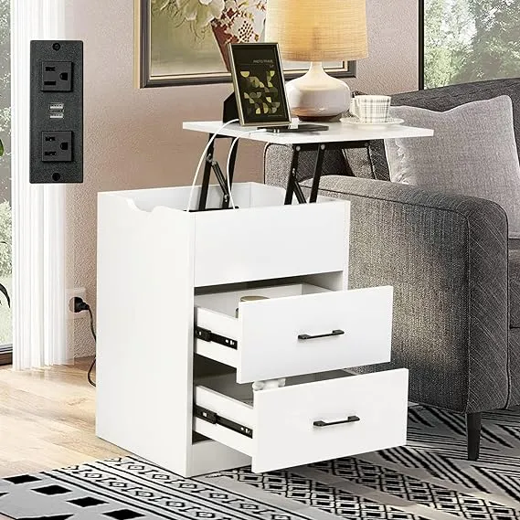 iRerts Nightstand for Bedroom, Wood End Side Table with Charging Station, USB Ports, 16 LED Lights, 2 Storage Drawers, Modern Bedside Table LED Nightstand for Bedroom Living Room, White