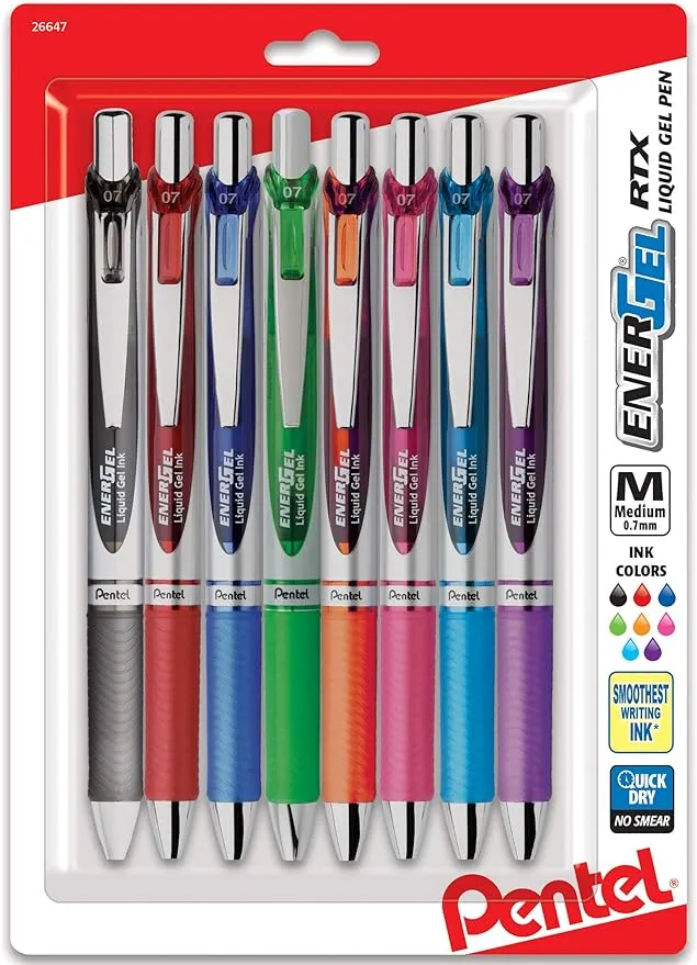 Pentel EnerGel RTX Gel Pen, Retractable, Bold 1 mm, Assorted Ink and Barrel Colors, 5/Pack