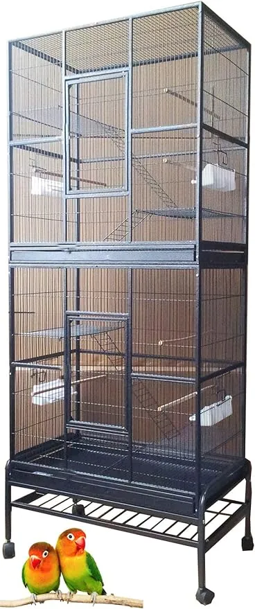 76" Extra Large Double Stackable Wrought Iron Breeding Bird Parrot Cockatiel Conure Breeder Flight Cage Double Feeder Cups Side Breeding Doors Eash Clean Pull Out Tray with Detachable Rolling Stand