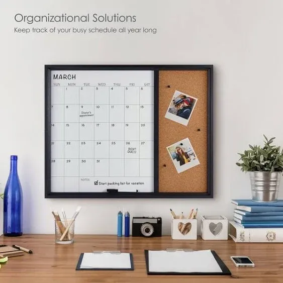 Towle Living White Calendar & Cork Board Combo for Home Office, Dorm Room, Bedroom, Kitchen, Classroom, 24 x 19 Inch