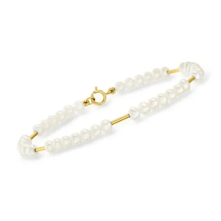 RS Pure by Ross-Simons 3-4mm Cultured Pearl and 14kt Yellow Gold Station Bracelet