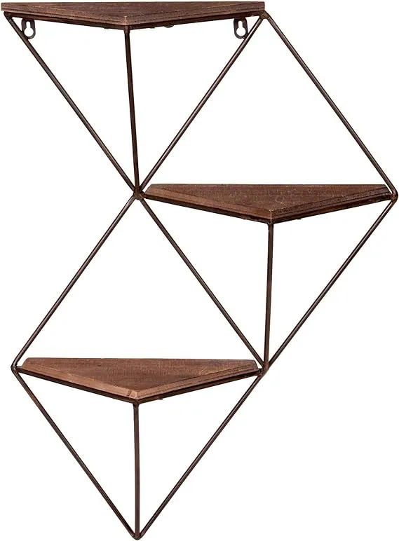 Three Step Wood and Metal Geometric Triangle Wall Shelf