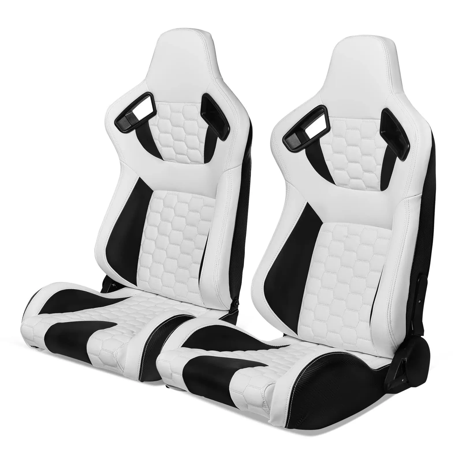 IKON MOTORSPORTS, Universal Racing Seats with Dual Sliders, Reclinable White & Black PU + Carbon Leather with Hexagonal Quilting Sport Bucket Seats, 1 Pair Driver + Passenger Side