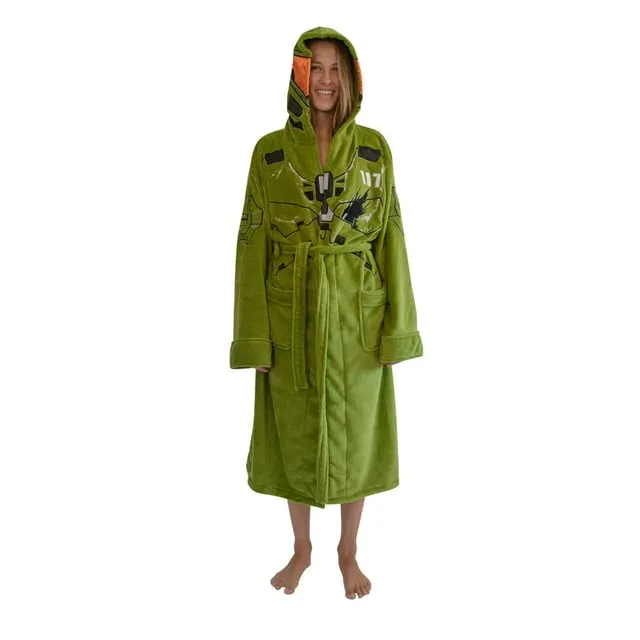 Halo Infinite Master Chief Hooded Bathrobe for Men And Women | Soft Plush Spa Robe | Lightweight Fleece Housecoat With Belted Tie | One Size Fits Most Adults