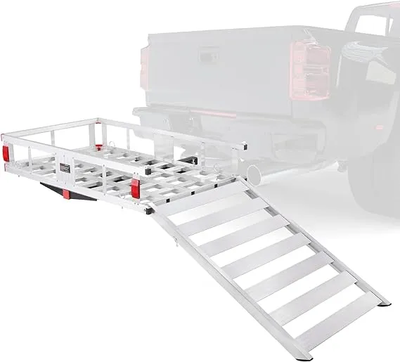 VEVOR 50 x 29.5 x 8.7 in Hitch Cargo Carrier, 500lb Capacity Trailer Hitch Mount Aluminum Cargo Basket with Folding Ramp, Luggage Carrier Rack Fits 2" Hitch Receiver for SUV Truck Pickup Camping