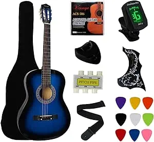 YMC 38" Blue Beginner Acoustic Guitar Starter Package Student Guitar with Gig Bag,Strap, 3 thickness 9 Picks,2 Pickguards,Pick Holder, Extra Strings, Electronic Tuner -Blue