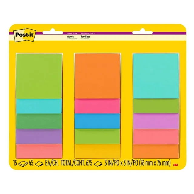 Post-it Super Sticky Notes, 3 in x 3 in, Supernova Neons and Energy Boost, 15 Pads