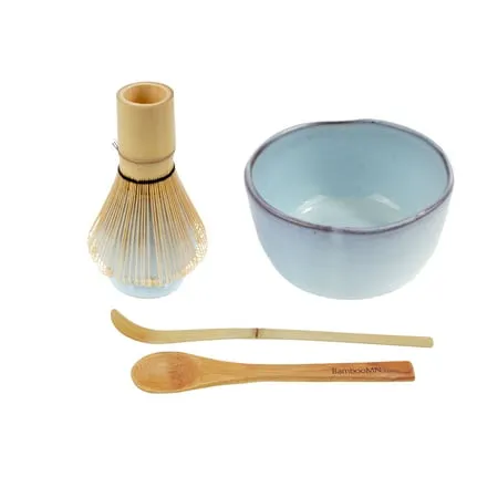 BambooMN Brand - Matcha Bowl Set (Includes Bowl Rest Tea Whisk Chasaku & Tea Spoon) 1 Set Shimmering Blue