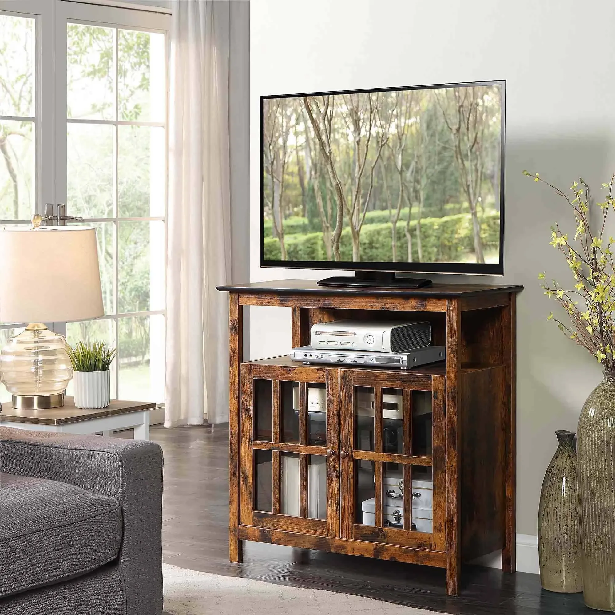 Big Sur Highboy TV Stand with Storage Cabinets in Brown Wood Finish