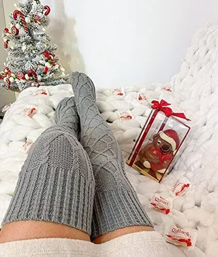 Pcavin Thigh High Socks for Women Cable Knit Over the Knee Boot Socks, Long Warm Leg Warmers Winter