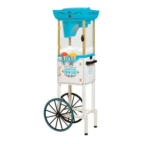 Nostalgia Snow Cone Shaved Ice Machine - Retro Cart Slushie Machine Makes 48 Icy Treats - Includes Metal Scoop, Storage Compartment, Wheels for Easy Mobility - White, Blue