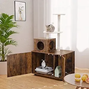 Cat Litter Box Enclosure with Cat Tree Tower, Hidden Litter Box Furniture Wooden Cat Washroom Cabinet Cat Condo with Scratching Post and Multiple Platforms for Indoor cat