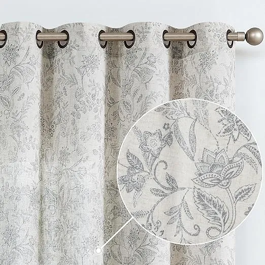 Lazzzy Grey Floral Linen Farmhouse Curtains for Living Room 63 Inch Length Window Curtains Semi Sheer Drapes for Bedroom Country Light Filtering Curtain Grommet Top 2 Panels Grey on Beige