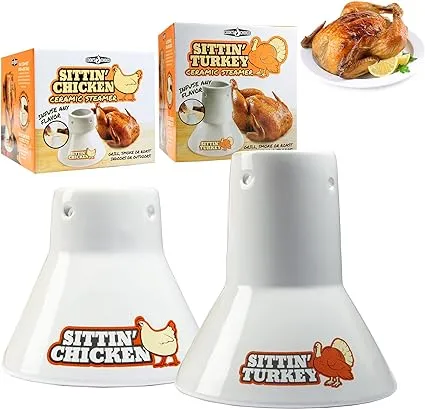 "Sittin' Chicken & Turkey Ceramic Beer Can Roaster & Steamer Combo Pack - Non-Stick, Extra-Wide Base"