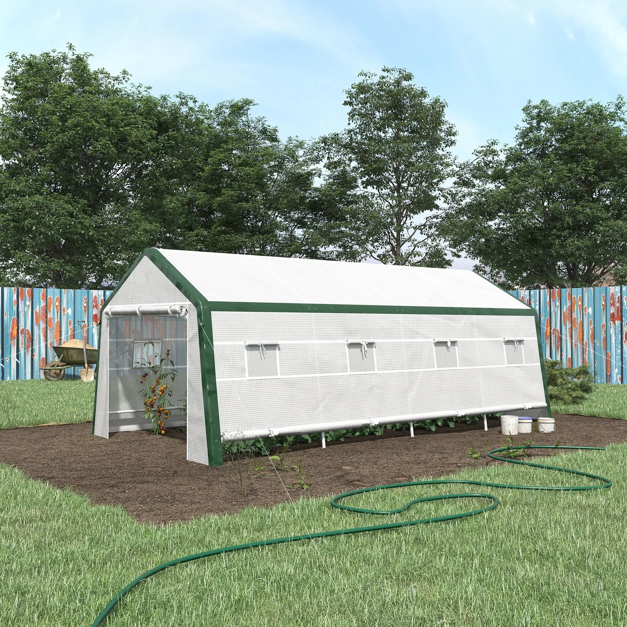 Outsunny 20' x 10' x 8' Heavy-duty Greenhouse, Walk-in Hot House with Windows and Roll Up Door, PE Cover, Steel Frame, White