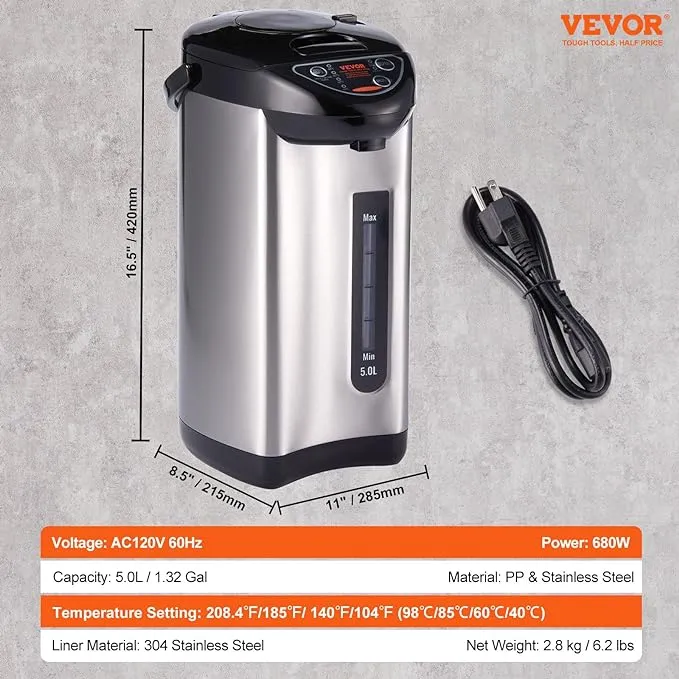 VEVOR Hot Water Dispenser, Adjustable 4 Temperatures Water Boiler and Warmer, 304 Stainless Steel Countertop Water Heater, 3-Way Dispense for Tea, Coffee and Baby Formula, 5L/169 oz