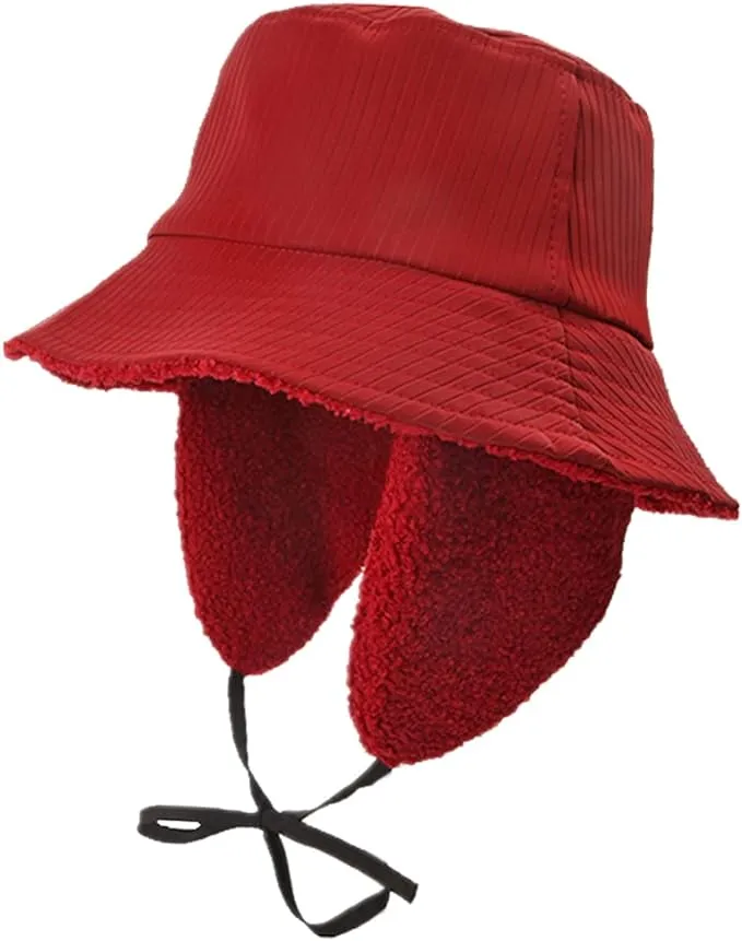 Winter Bucket Rain Hats for Women Girls with Ear Flaps Warm Autumn Large, Red 