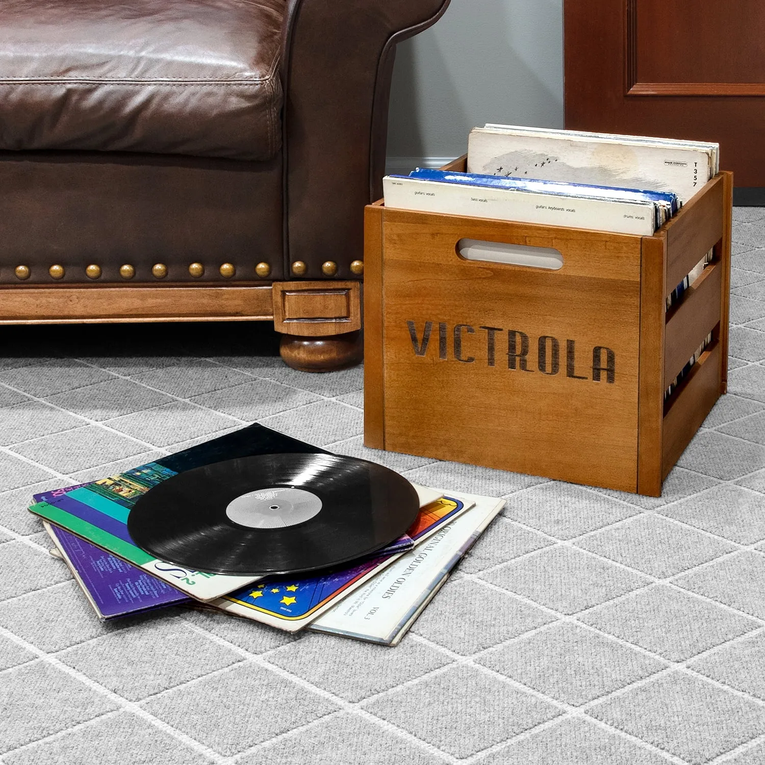 RECORD CRATE Storage Organizer Wooden Vinyl Album Holder for 50 Records VICTROLA