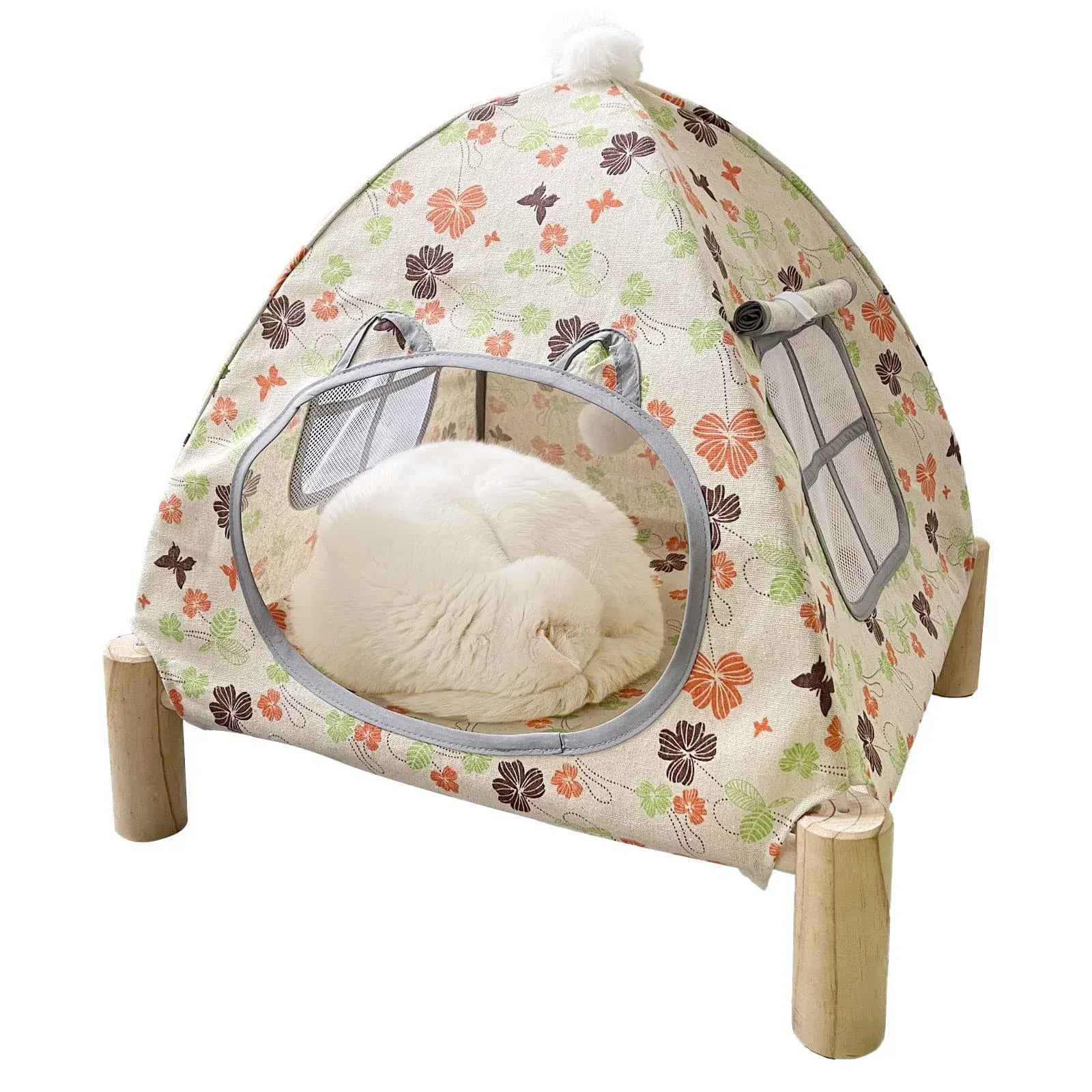 2-in-1 Cat Bed Tent Wooden Frame Cat Tent Cat Hammock, Removable Wooden Cat Raise Indoor Outdoor Bed, Portable Indoor/Outdoor Pet Dog Tent House Cat Puppy Small Animal (Colorful Kitten Tent)