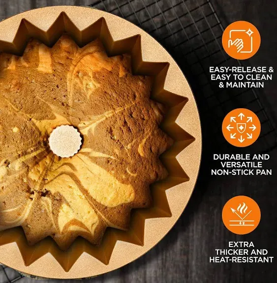 NutriChef 9-Inch Bundt Cake Pan - Thick and Heavy Cast Aluminum Bakeware with 2 Layers of Nonstick Coating - Fluted Lines Design for Uniform Baking Up To 500 Degrees - Easy to Clean, Gold