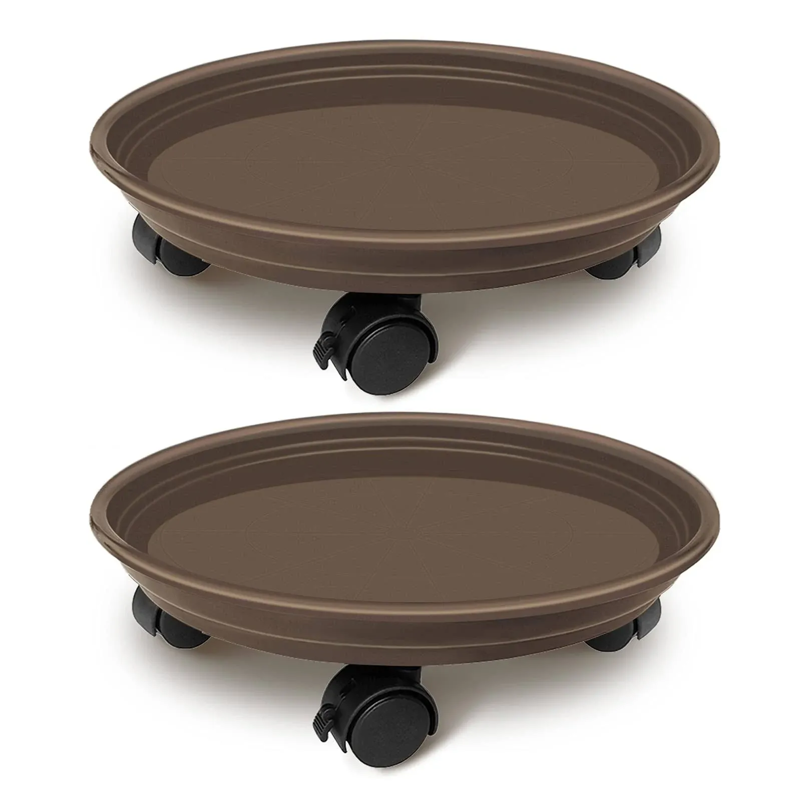 2 Pack of Plant Pallet Caddy with Wheels, Round Flower Pot Mover, Indoor Rolling Planter Dolly on Wheels, Outdoor Planter Trolley Tray Coaster, Brown