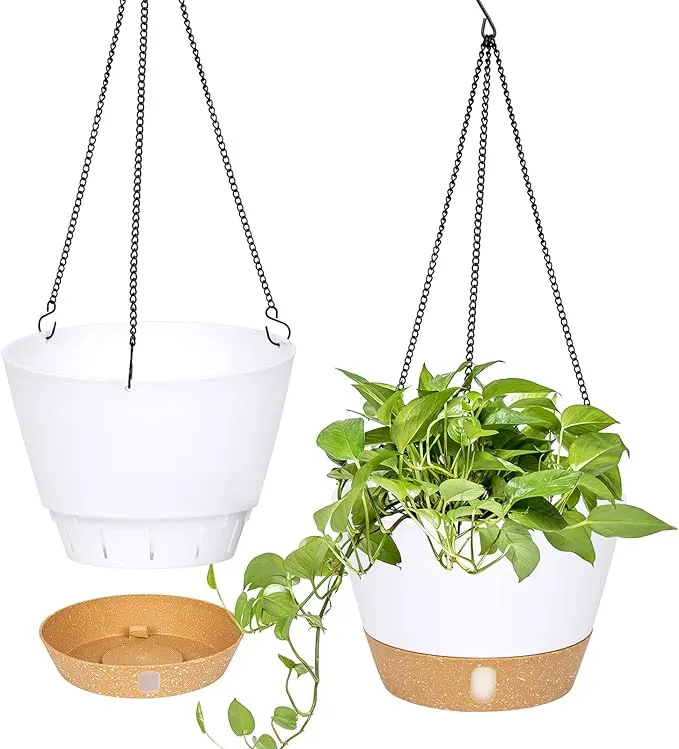 QCQHDU 10 inch Hanging Planters, 2 Pack Self Watering Pots for Indoor Plants Flowers Outdoor Hanging Basket with Reservoir Tray & 3-Hooks Hanger