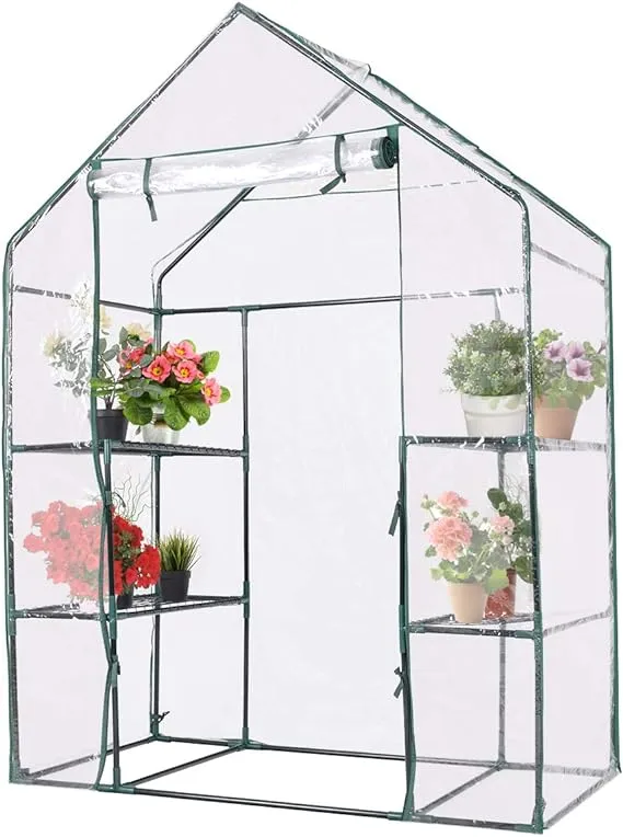 Giantex Greenhouse Outdoor Large Walk-in Plant Green House with 3 Tier Shelves for Plants, Herb and Flower with Door and Sturdy Frame (White)