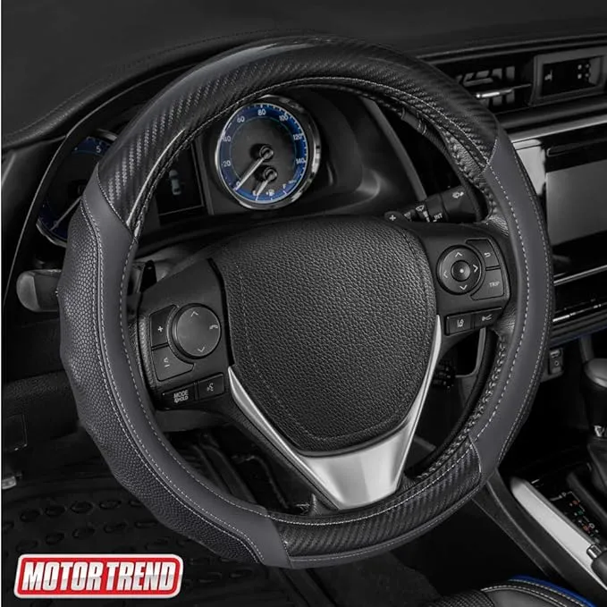 Motor Trend GripDrive Beige Carbon Fiber Steering Wheel Cover, Standard 15 inch Size, Black Faux Leather Comfort Grip, Car Steering Wheel Cover for Auto Truck Van SUV