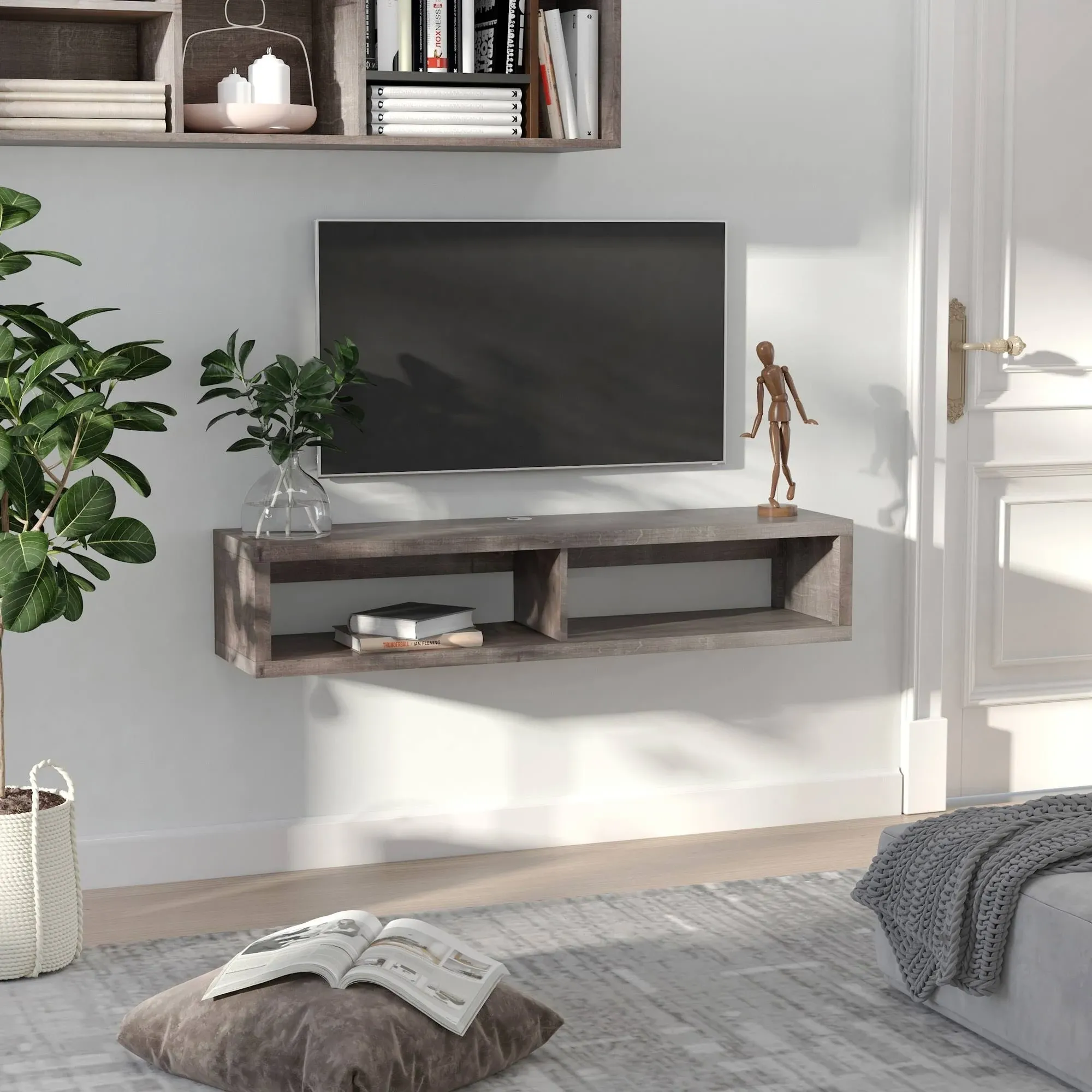 HOMCOM Wall Mounted Media Console Floating Storage Shelf Dark Grey