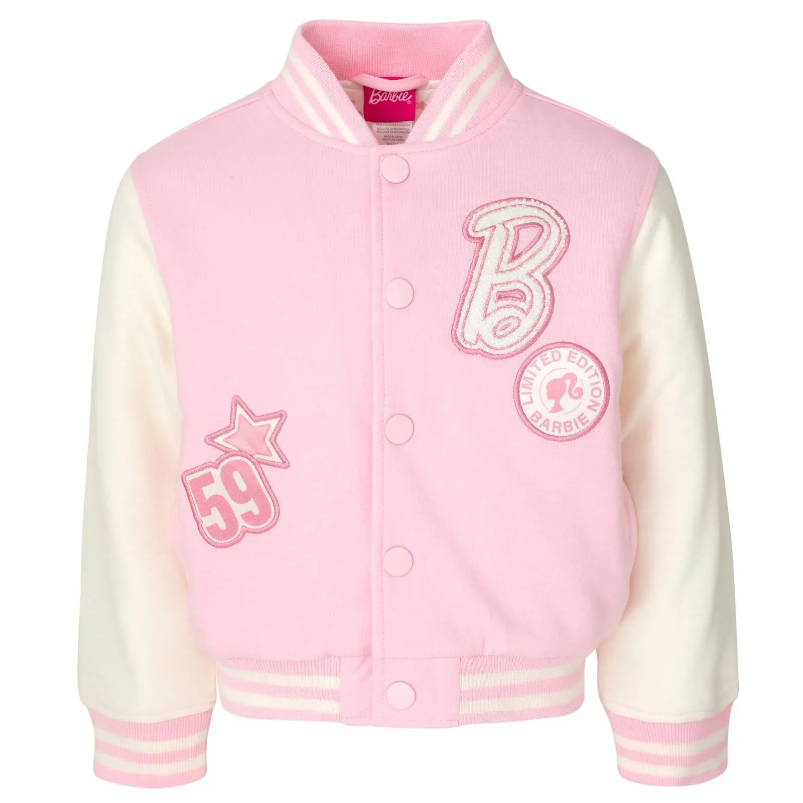 Barbie Little Girls French Terry Varsity Bomber Jacket Pink 4