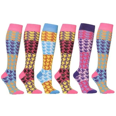 6 Pairs Women s Fancy Design Multi Colorful Patterned Knee High Socks Patchwork Plaid