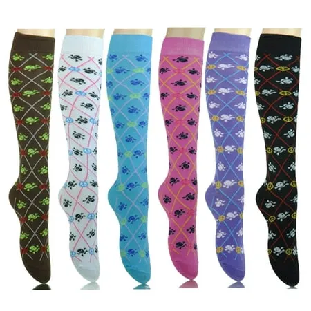 6 Pairs Women's Fancy Design Multi Colorful Patterned Knee High Socks, Musical