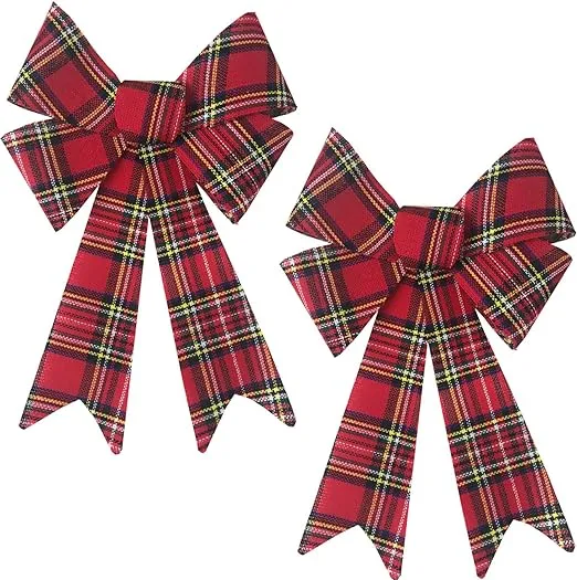 Happy Holidays 15 inch Christmas Decoration Bow - Red Tartan Plaid - Great fo...