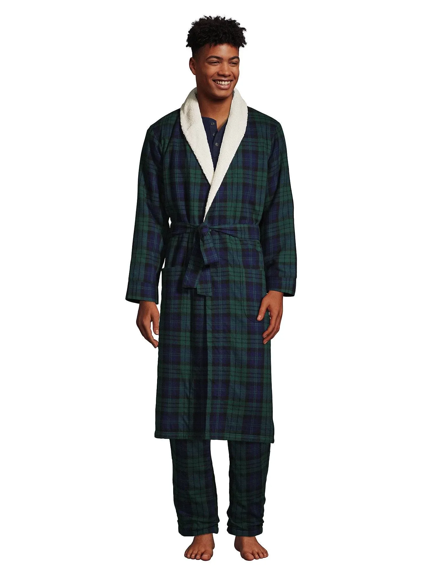 Lands' End Men's Sherpa Fleece Lined Flannel Robe