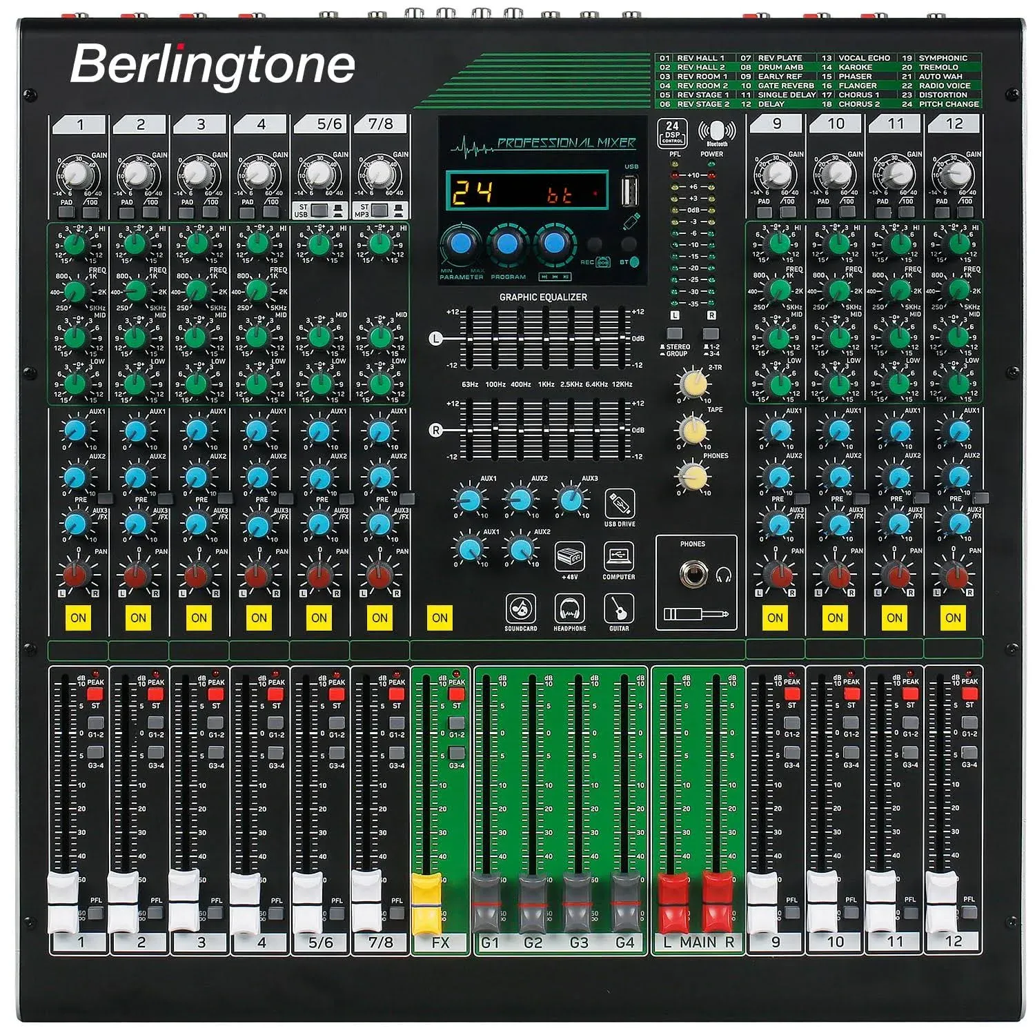 Berlingtone BR-212MX,12-Ch<wbr/>annel Professional Bluetooth Audio Mixer, 24 DSP EFX