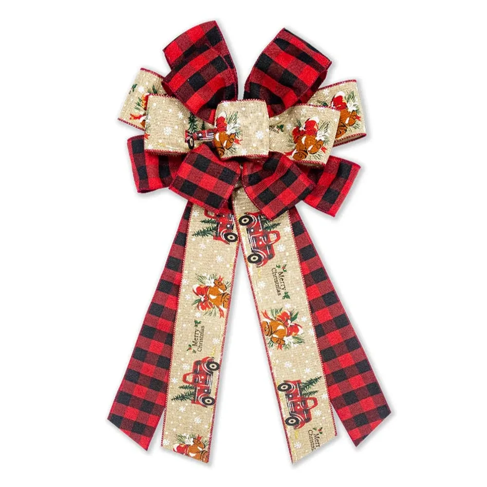 Large Christmas Bow for Wreath Black Red Buffalo Plaid Wreath Bow for Christm...