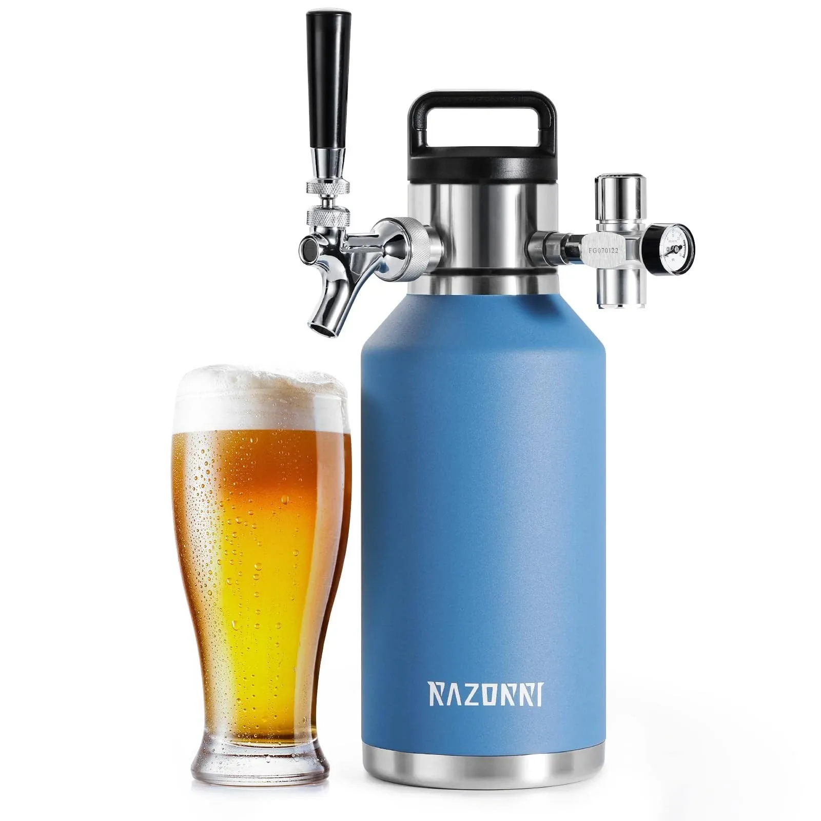 Razorri 64oz Stainless Steel Beer Growler, Double-Wall Vacuum Insulated Carbonated Keg with Professional Bar Tap and Pressurized CO2 Regulator, 0.5 Gallon, Ocean Blue