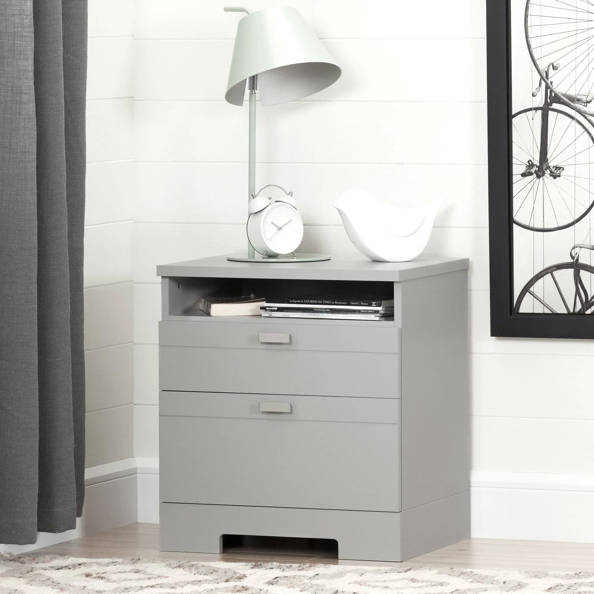 South Shore Reevo Nightstand with Drawers and Cord Catcher Soft Gray