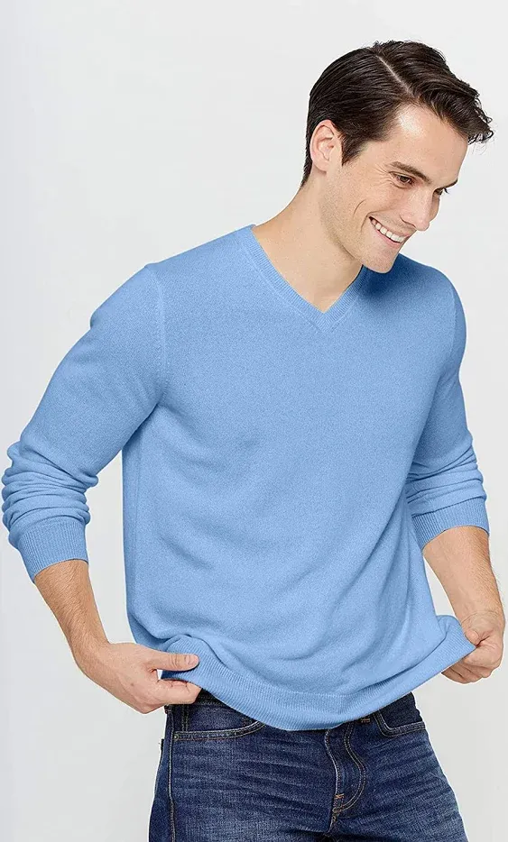 State Cashmere Men's Essential V-Neck Sweater 100% Pure Cashmere Classic Long Sleeve Pullover