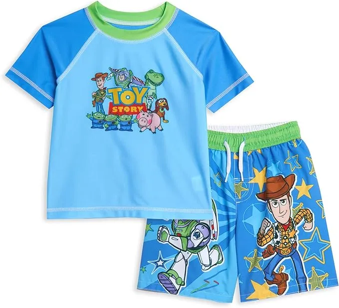 Disney Pixar Toy Story Alien Buzz Lightyear Infant Baby Boys Rash Guard and Swim Trunks Outfit Set Light Blue 12 Months