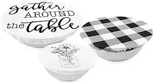 AuldHome Reusable Fabric Bowl Covers (Set of 3); Rustic Farmhouse Themed Black and White Stretchy Cloth Bowl Covers