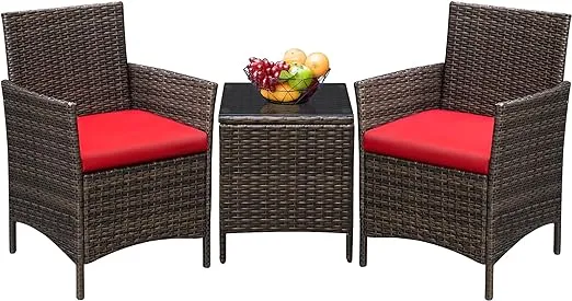 Greesum 3 Pieces Patio Furniture Sets Outdoor PE Rattan Wicker Chairs with Soft Cushion and Glass Coffee Table for Garden Backyard Porch Poolside,